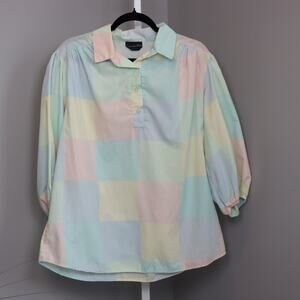 70s Women's Rainbow Pastel Plaid Puff Sleeve Collared Blouse Shirt Size L